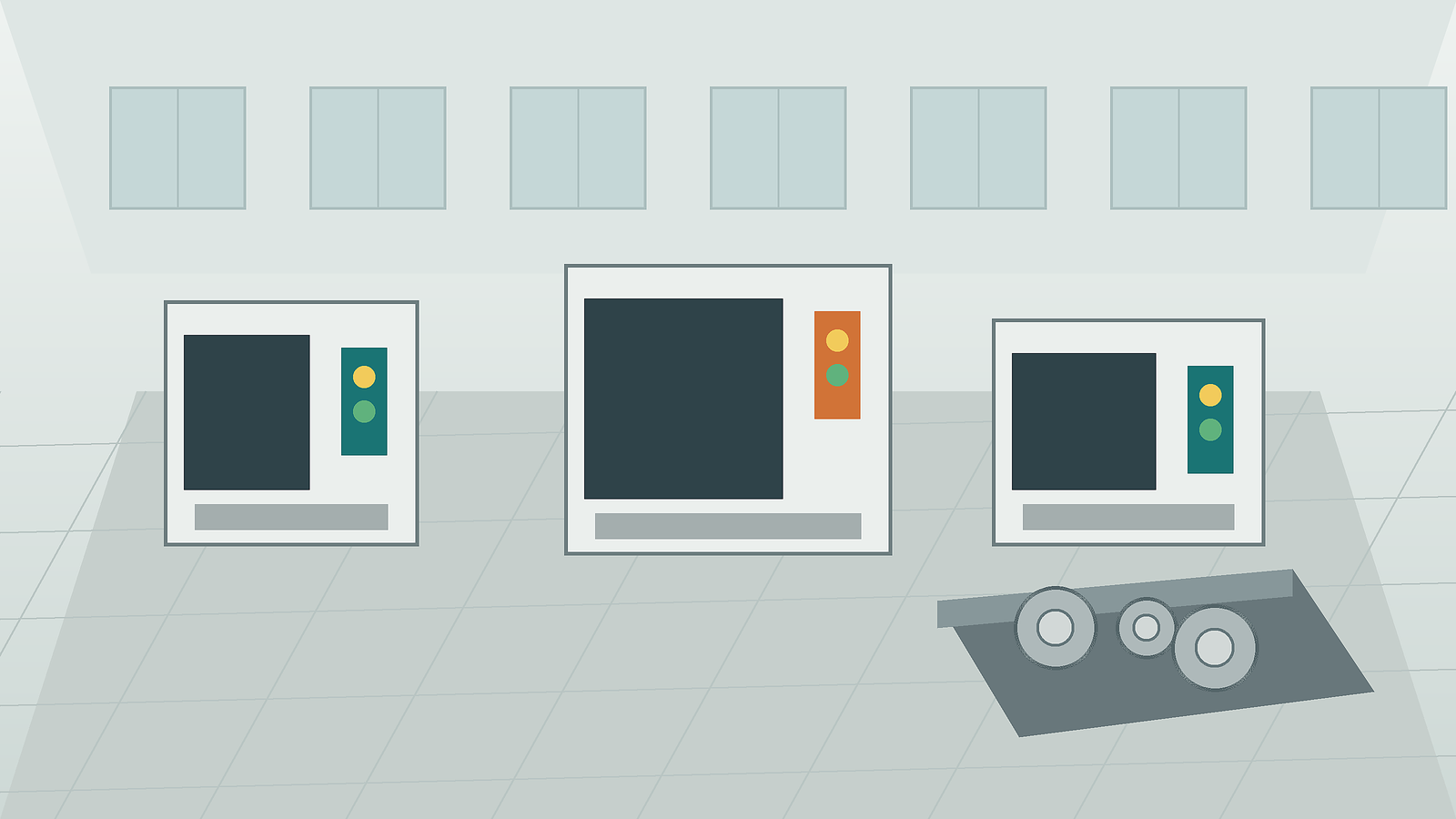 Illustration of factory floor with CNC equipment